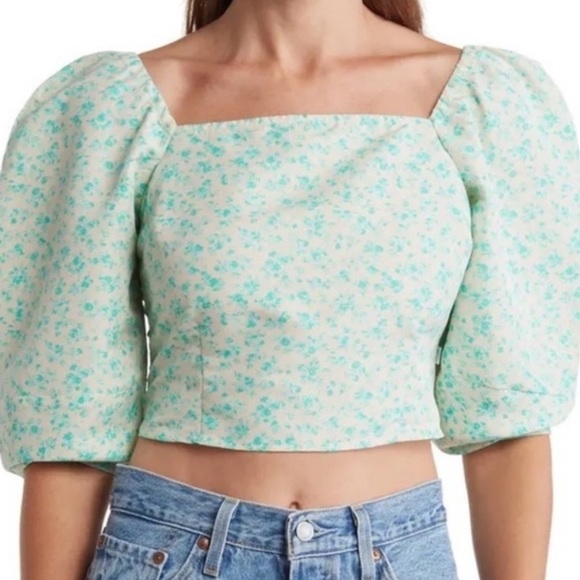 Levi's Yvie Puff 3/4 Sleeve Cropped Blouse Cream Electric Green Floral Top - Picture 12 of 12